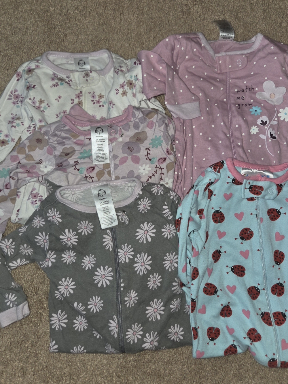 Gerber Pink, Gray, White & Blue Floral and Ladybug Pajama Set